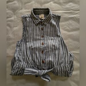 Japna Striped Sleeveless Tie-Front Bodysuit Top in Blue and White